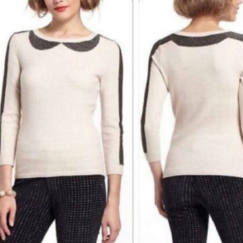 Anthropologie Lurex Faux Collared Sweater S Beige By Charlie & Robin Wool Blend